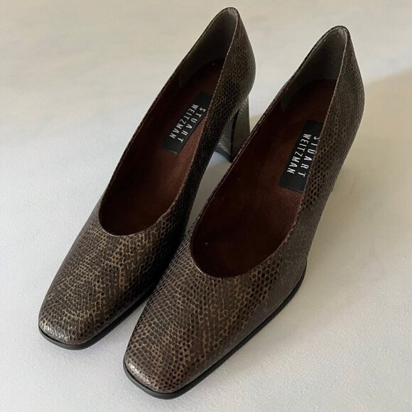 Stuart Weitzman Snake Skin Block Kitten Heel Pumps - Picture 2 of 7